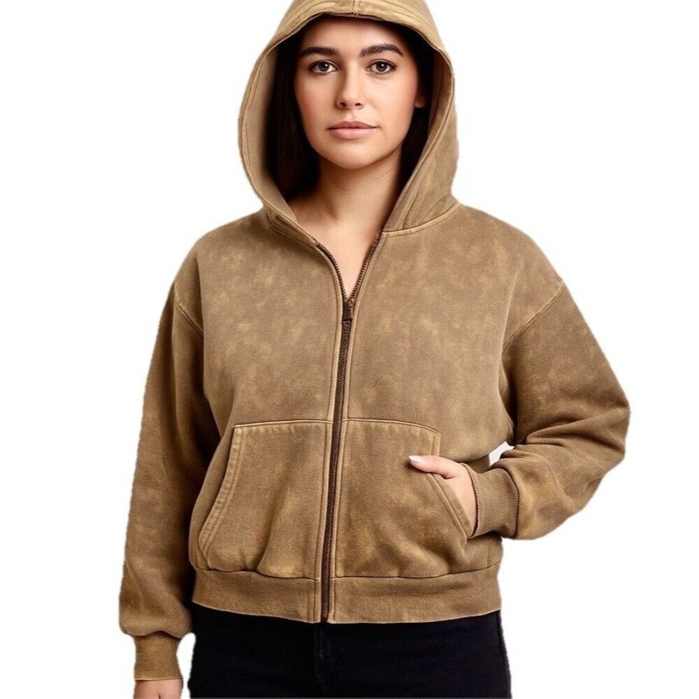 BiBi Brown Acid Wash Zip Hoodie Women Medium Oversized Grunge Y2K Zip Up